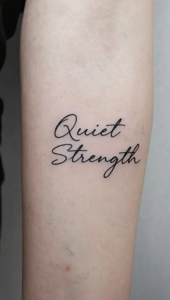 "Quiet Strength" Minimal Script Tattoo Design on Forearm