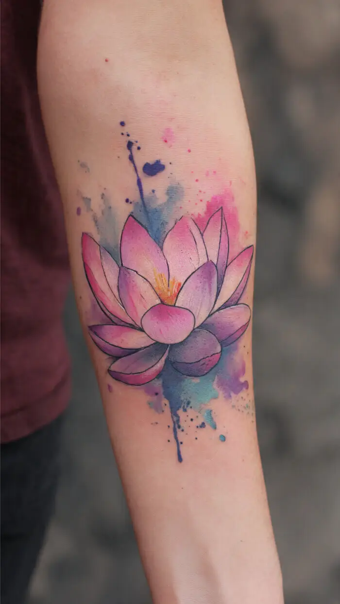 Beautiful Watercolor Lotus Flower Tattoo on Forearm 