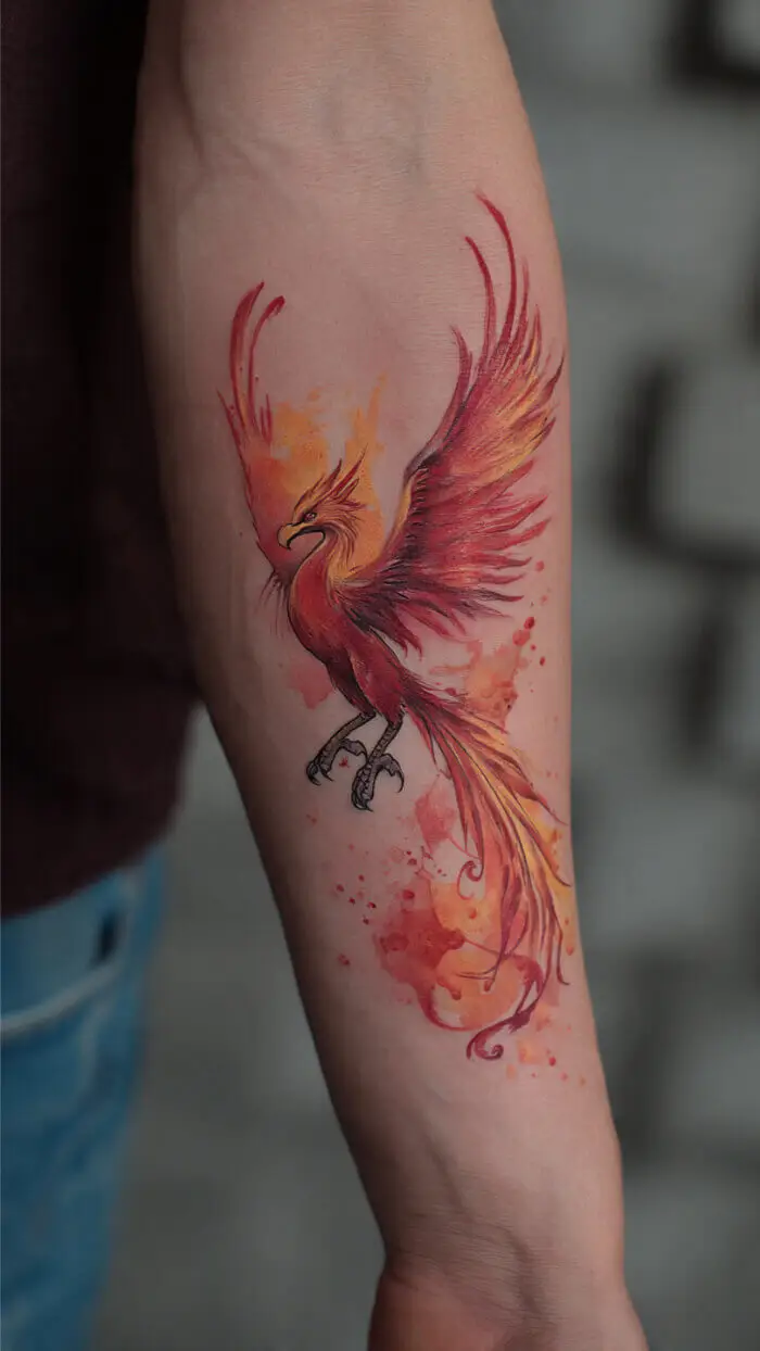 Watercolor Phoenix Tattoo – Fiery Rebirth & Strength Design