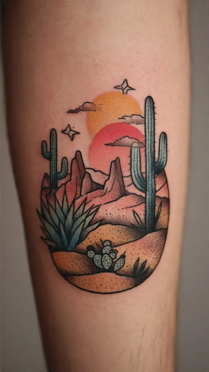 Stunning Desert Sunset Cactus Tattoo Design