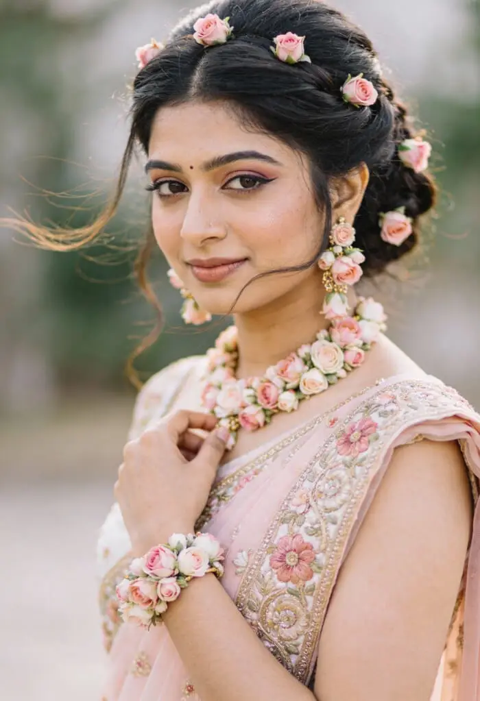 Pink Floral Bridal Jewelry Makeup Look with Soft Pastel Saree
