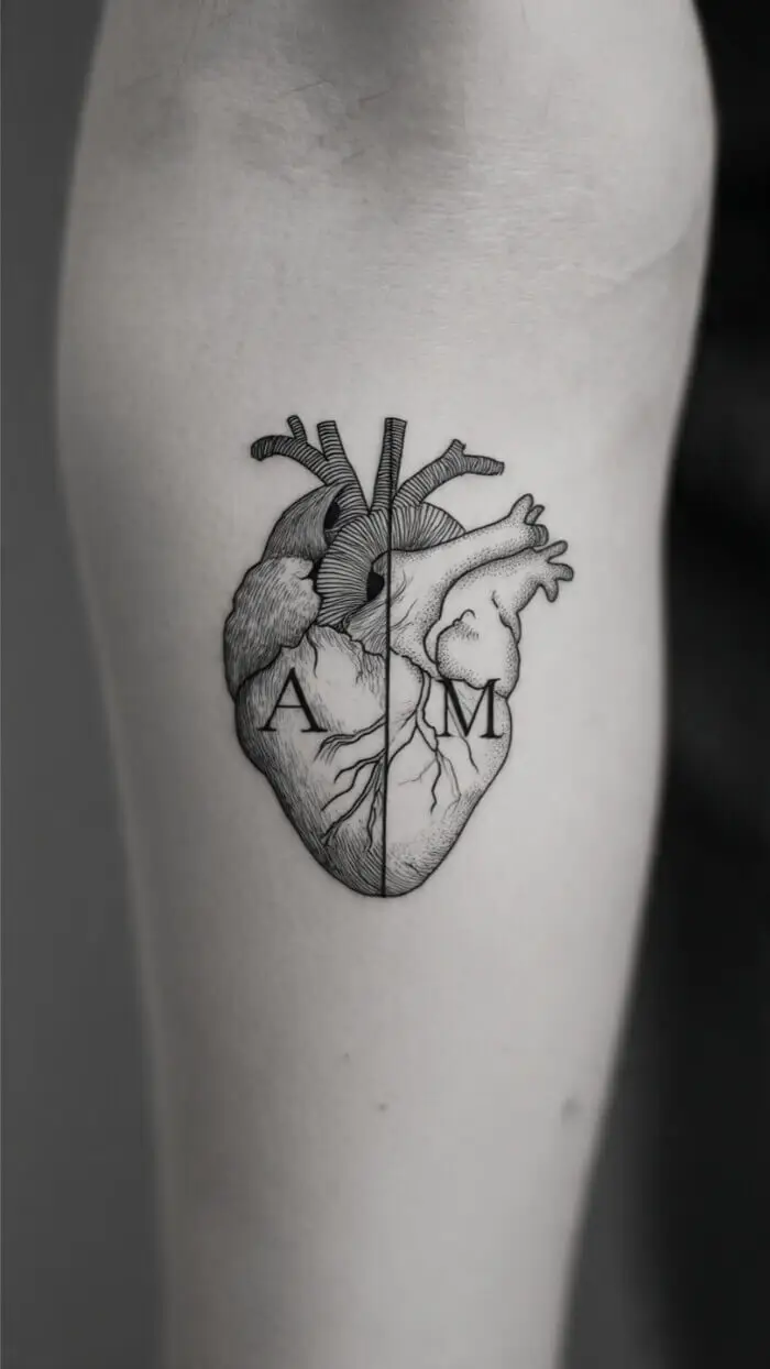 Minimalist Anatomical Heart Tattoo with Initials A & M