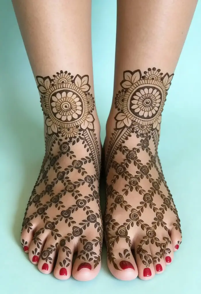 Elegant Floral Foot Mehndi Design with Anklet Mandala Pattern