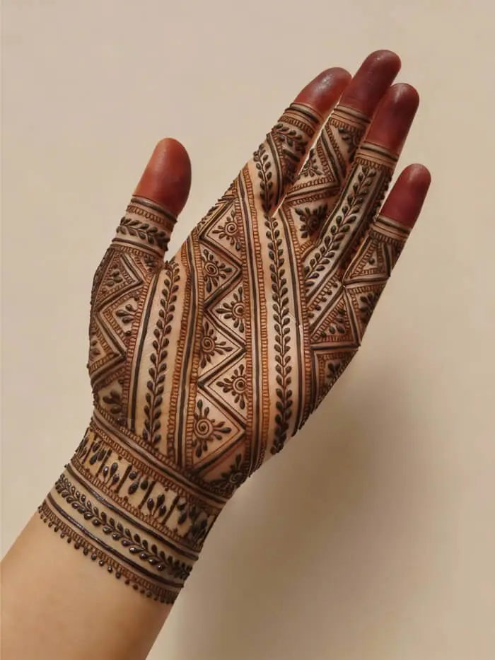Minimal Geometric Palm Mehndi Design with Tribal Patterns