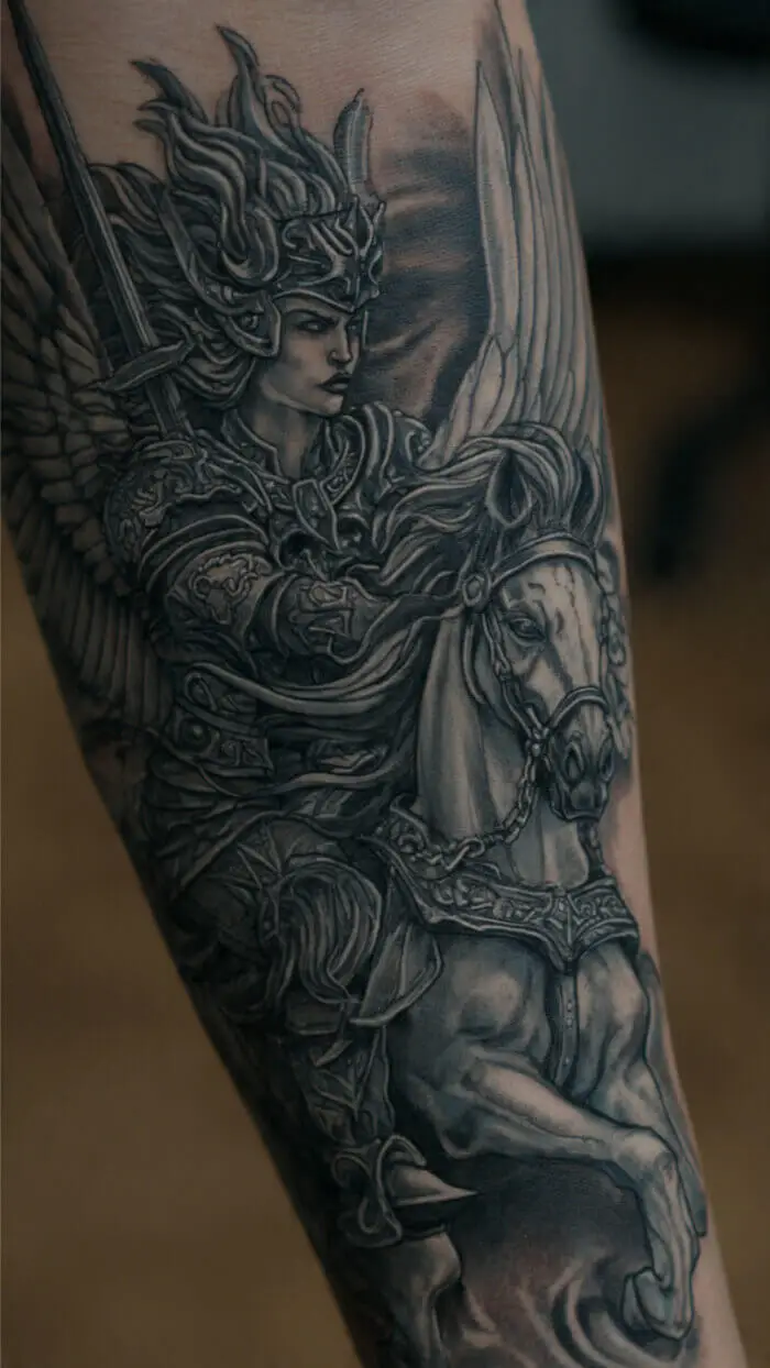 Archangel Warrior Tattoo on Horse – Detailed Black & Grey Sleeve Design