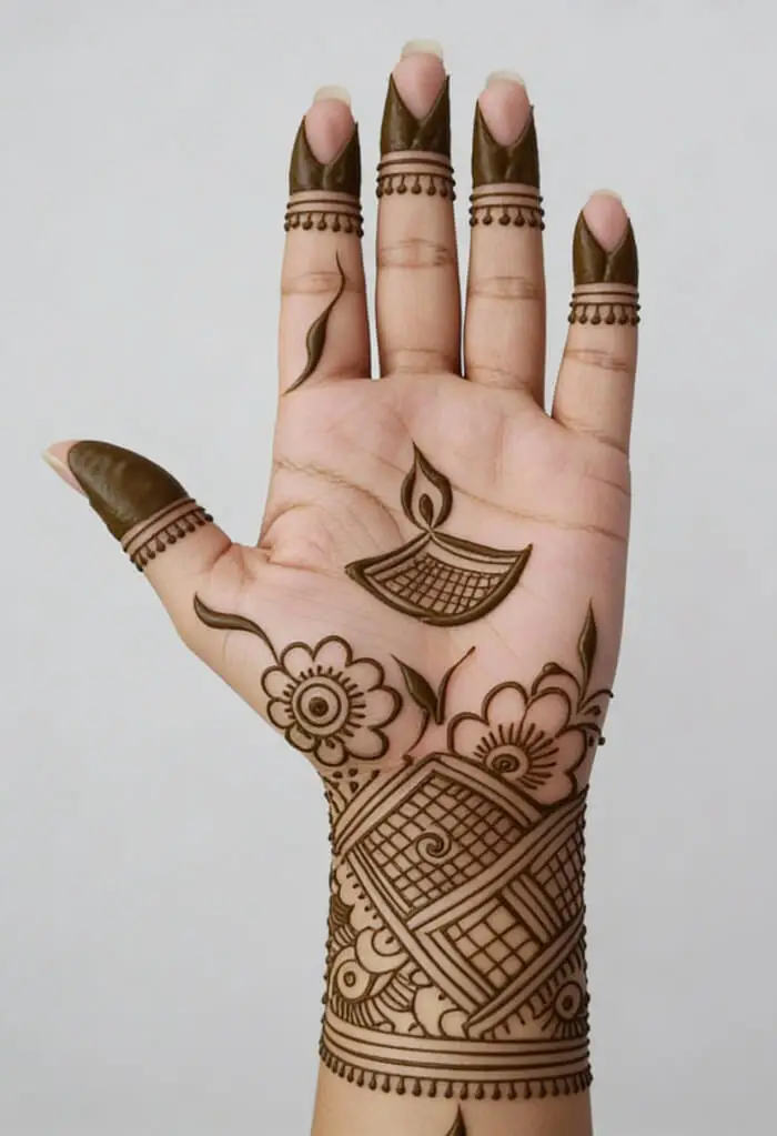 Elegant Diya Palm Mehndi Design 