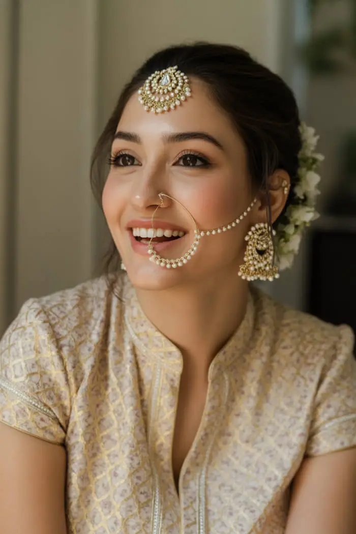 Elegant Maharashtrian Bridal Makeup with Pearl Naths and Soft Glam Glow