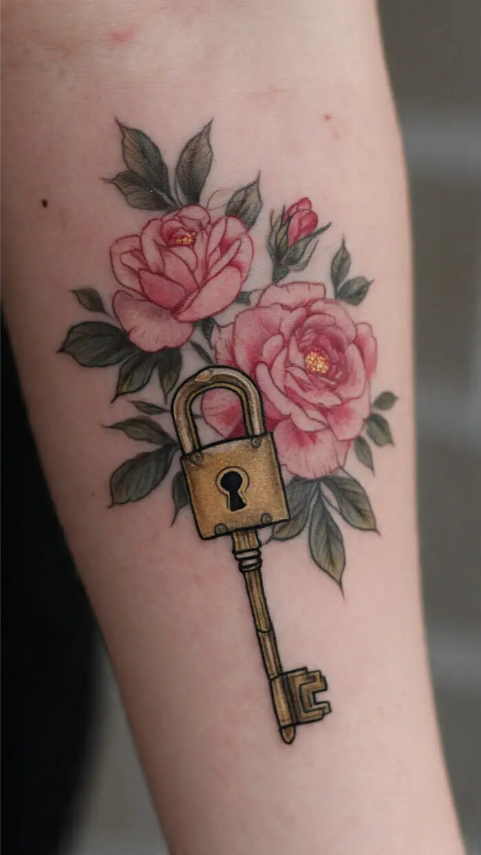 Vintage Key & Pink Rose Tattoo Design – Floral Lock Symbolism Art