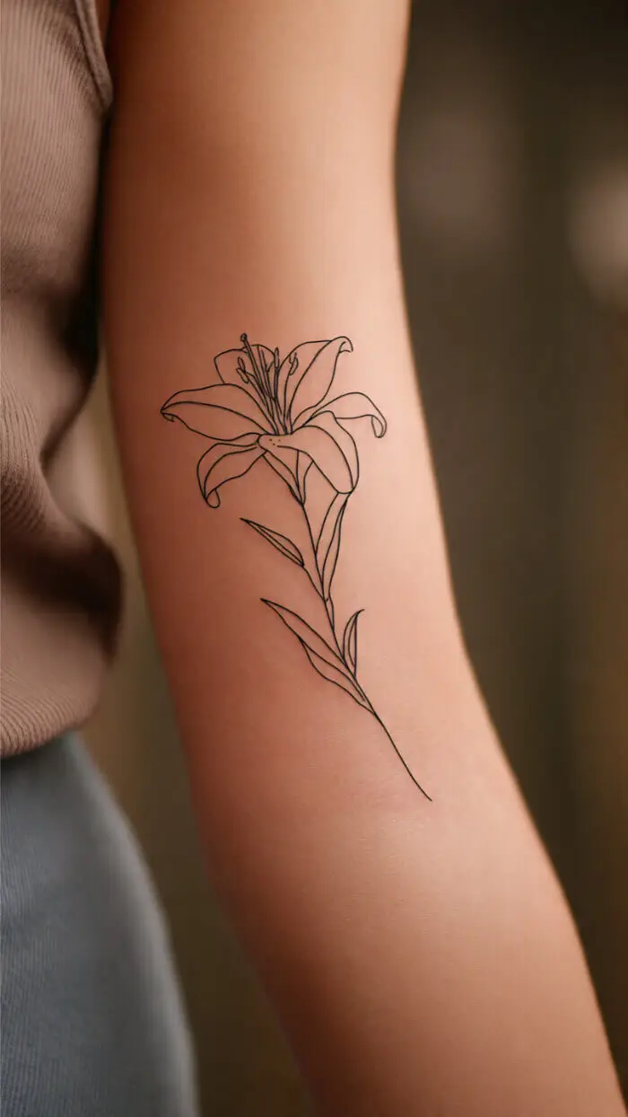 Elegant Lily Flower Tattoo on Arm – Minimalist Fine Line Floral Design