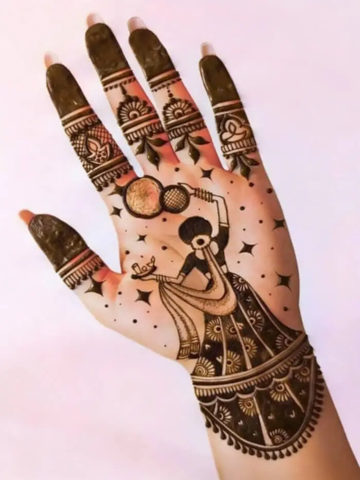 Karwa Chauth Bridal Mehndi Design with Traditional Portrait Art