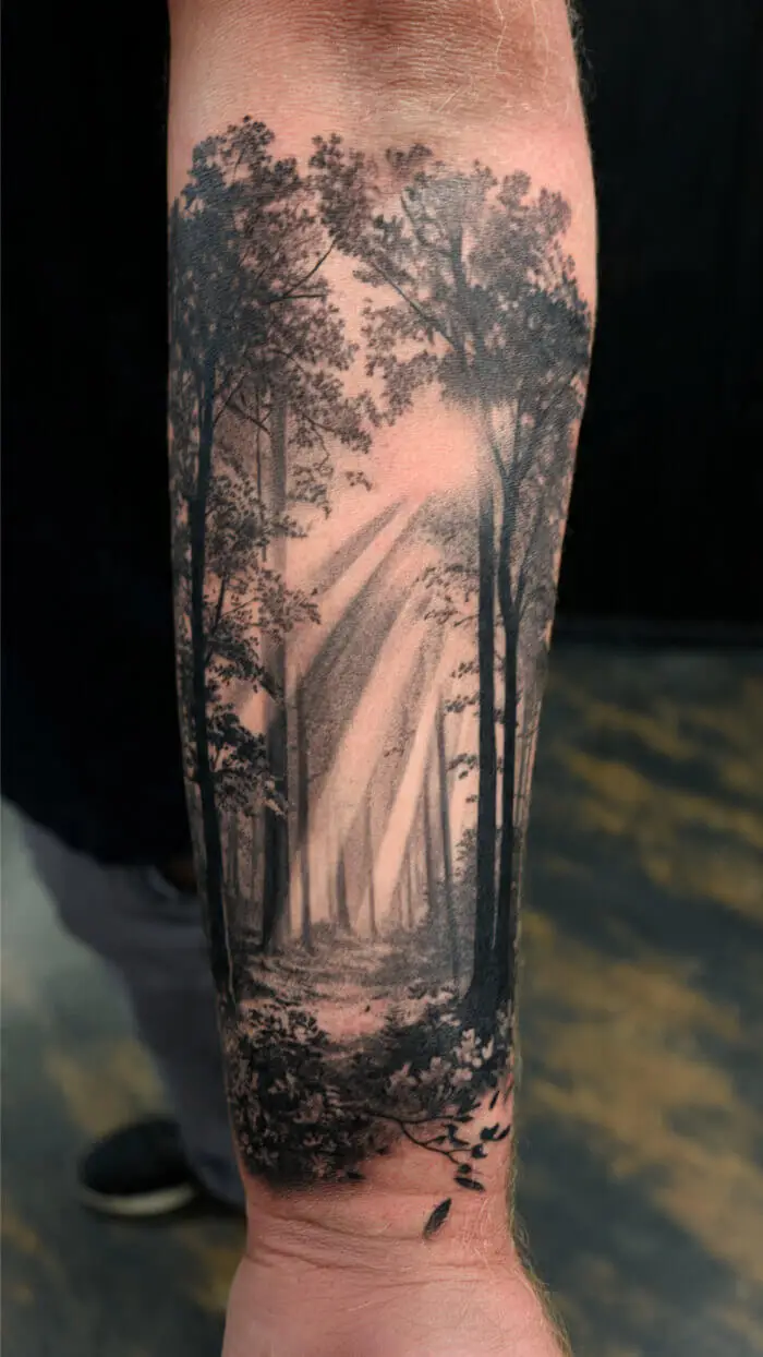 Mystical Forest Path Tattoo with Sunlight Rays – Realistic Black & Grey Nature Ink