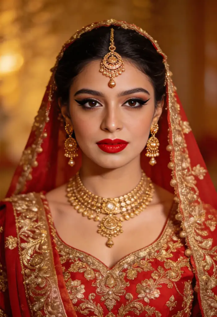 Traditional Indian Bridal Makeup Look with Bold Red Lips & Gold Jewelry