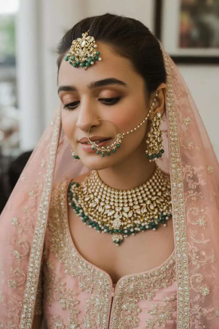Elegant Peach Bridal Makeup Look with Gold & Emerald Kundan Jewelry