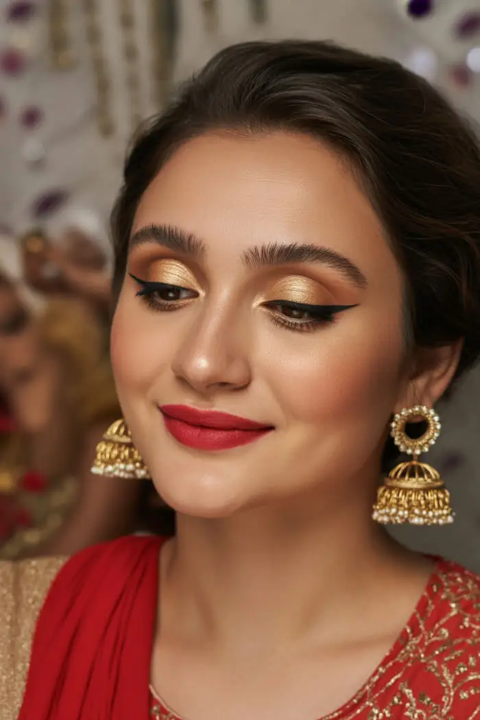 Glamorous Gold Cut Crease Indian Eye Makeup with Bold Winged Eyeliner & Red Lips