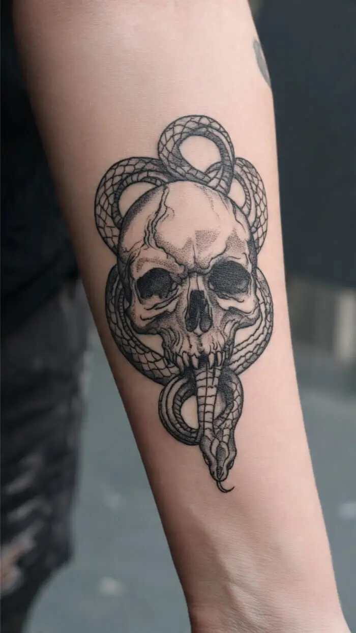Creative Skull and Snake Tattoo Design – Dark Gothic Serpent Skull Ink