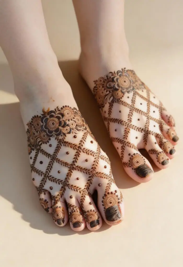 Elegant Geometric Foot Mehndi Design with Floral Motifs for Brides