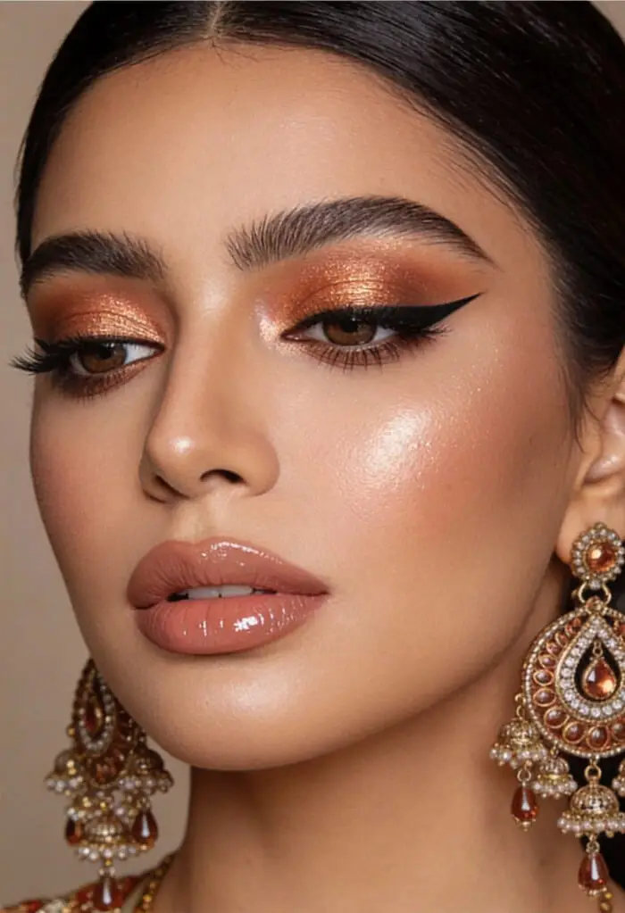 Copper Bronze Glossy Glam Bridal Makeup with Bold Winged Eyeliner