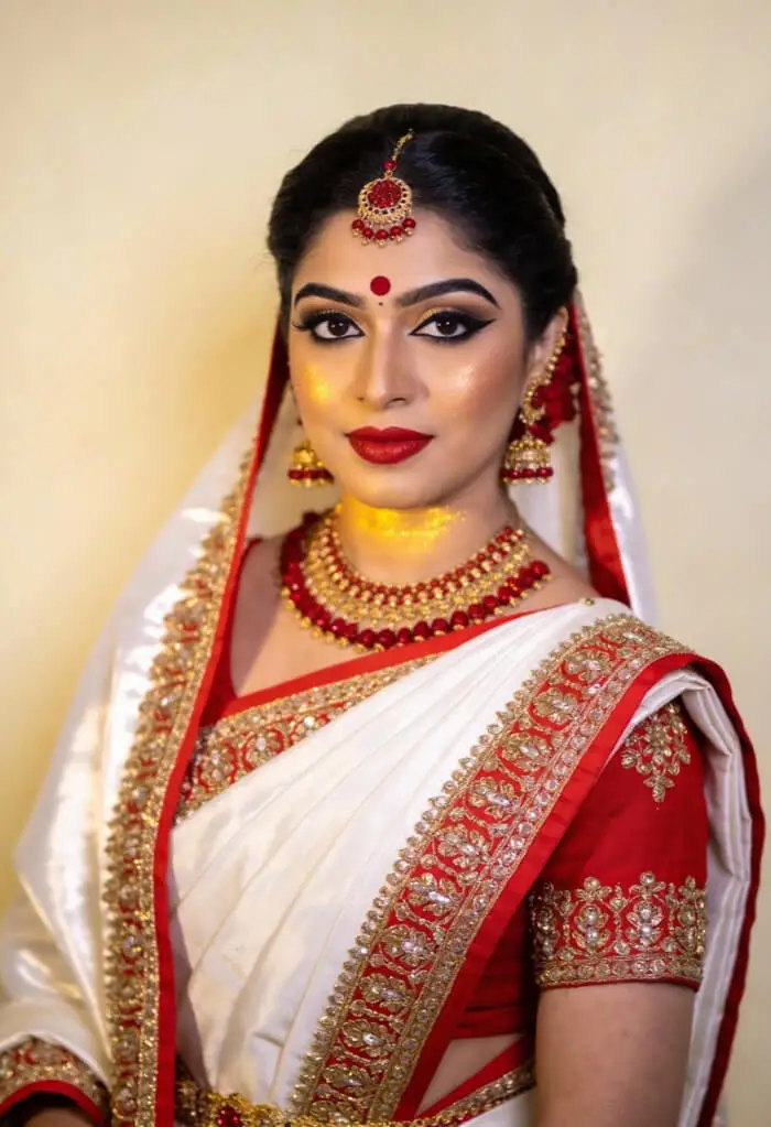 Traditional Bengali Bridal Makeup Look in Red & White Saree with Gold Jewelry