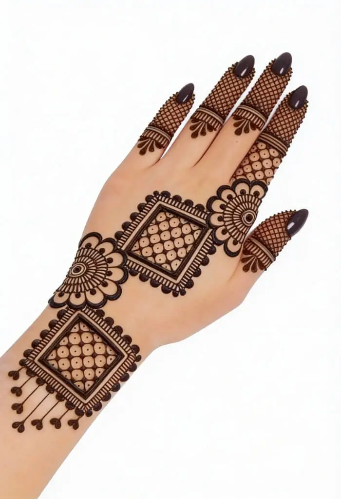 Minimal Geometric Back Hand Mehndi Design with Finger Net Pattern