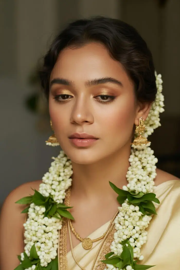 Classic South Indian Bridal Makeup Look with Gold Shimmer Eyes & Jasmine Gajra