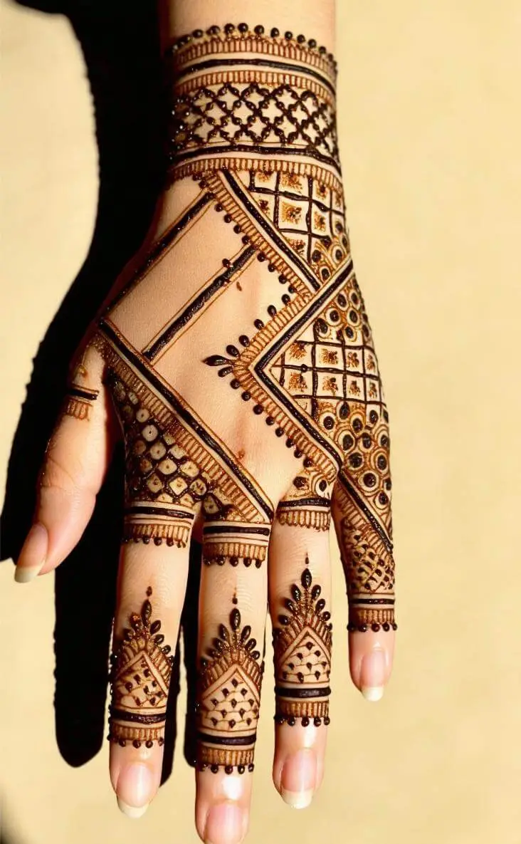 Elegant Geometric Back Hand Mehndi Design with Modern Patterns