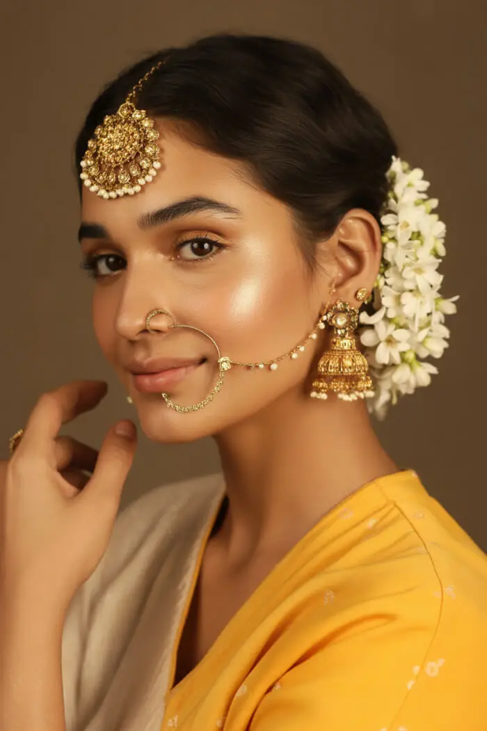 Radiant South Indian Bridal Makeup with Gold Jhumka & Nath – Traditional Yellow Saree Look