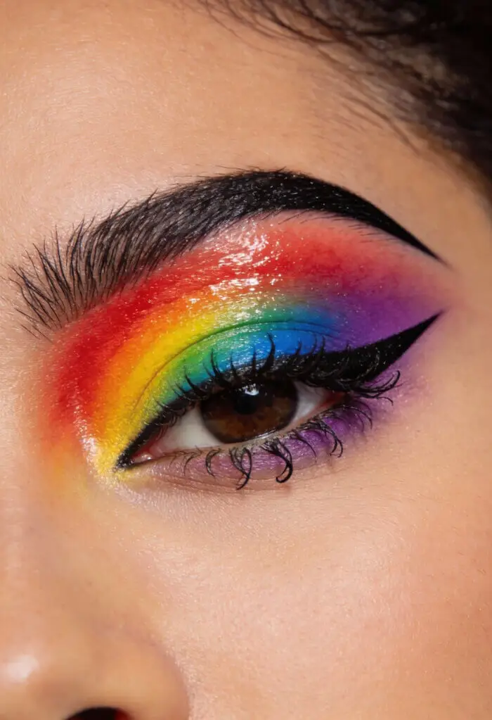 Vibrant Rainbow Eye Makeup with Bold Winged Liner