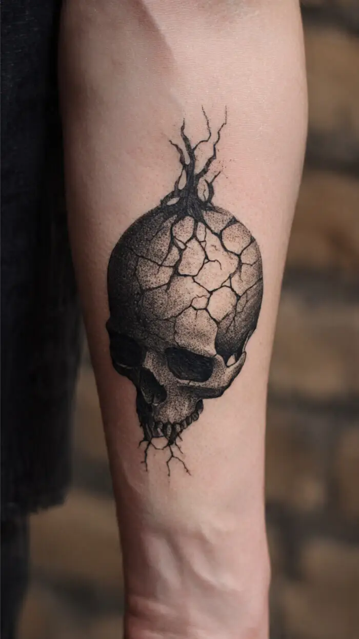 Cracked Skull Tree Roots Tattoo Design
