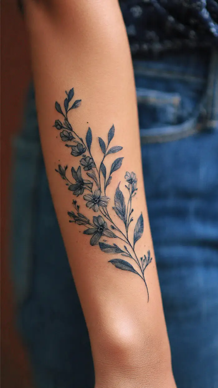 Minimalist Floral Forearm Tattoo Design – Elegant Botanical Line Art