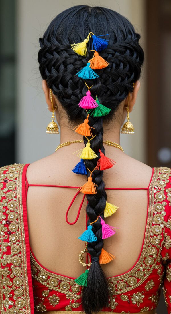 Traditional Indian braid decorated with colorful tassels for festive look