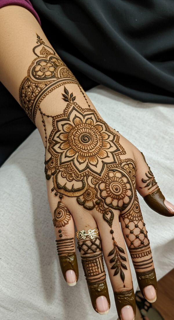 Mandala back hand mehndi design with floral centerpiece and finger patterns.