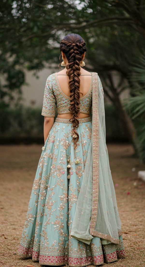 Fishtail braid bridal hairstyle with lehenga