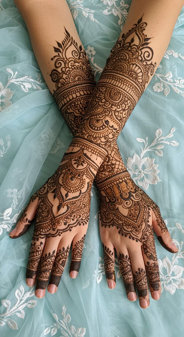 Traditional floral mehndi design with detailed patterns on full hands and arms.