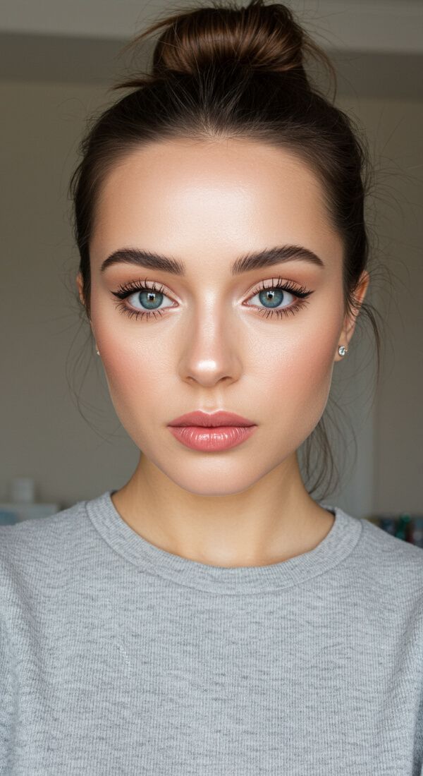 Woman with fresh everyday makeup, soft blush, neutral eyeshadow, and top bun hairstyle.