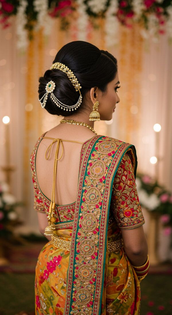 Traditional Indian bridal bun with gold hair chain accessory and saree