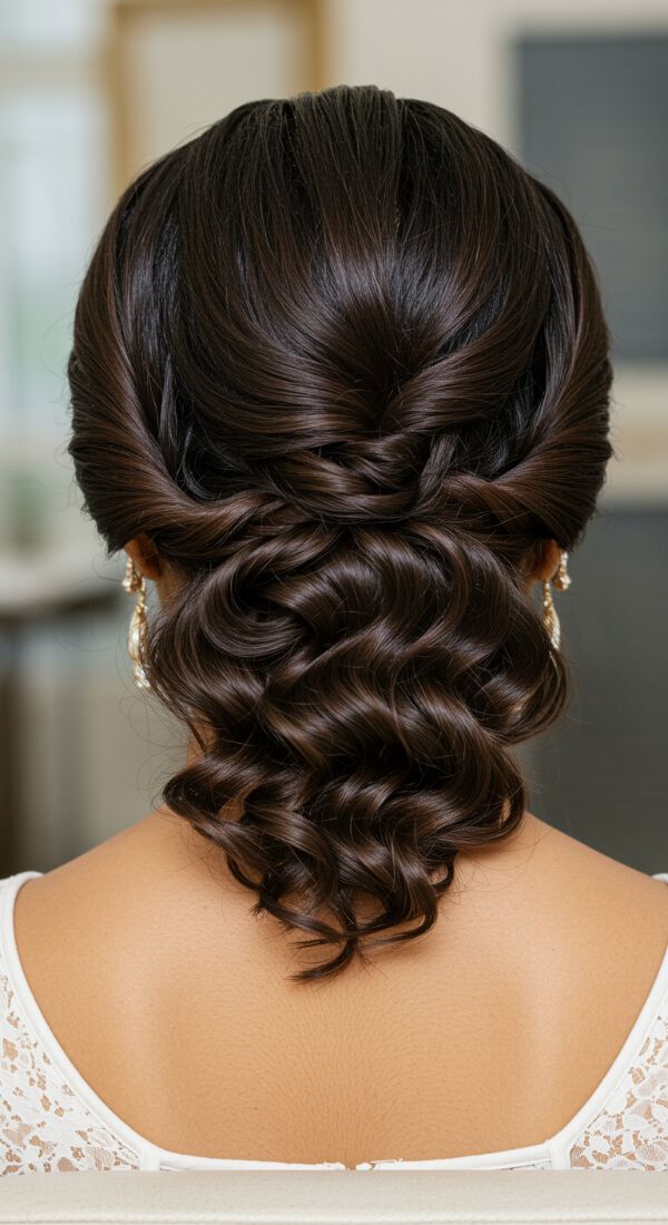 Braided low bun hairstyle with soft curls for formal events