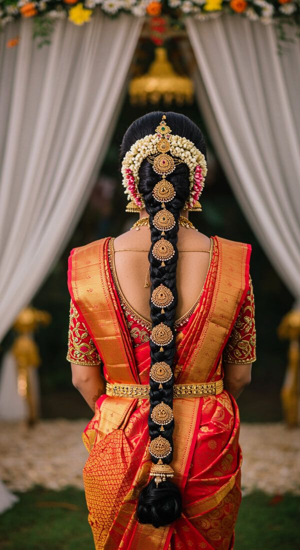 Grand Indian bridal long braid decorated with multiple gold hair ornaments and floral garlands.