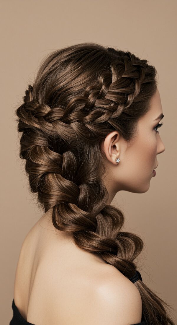 Side French braid hairstyle with low braided ponytail