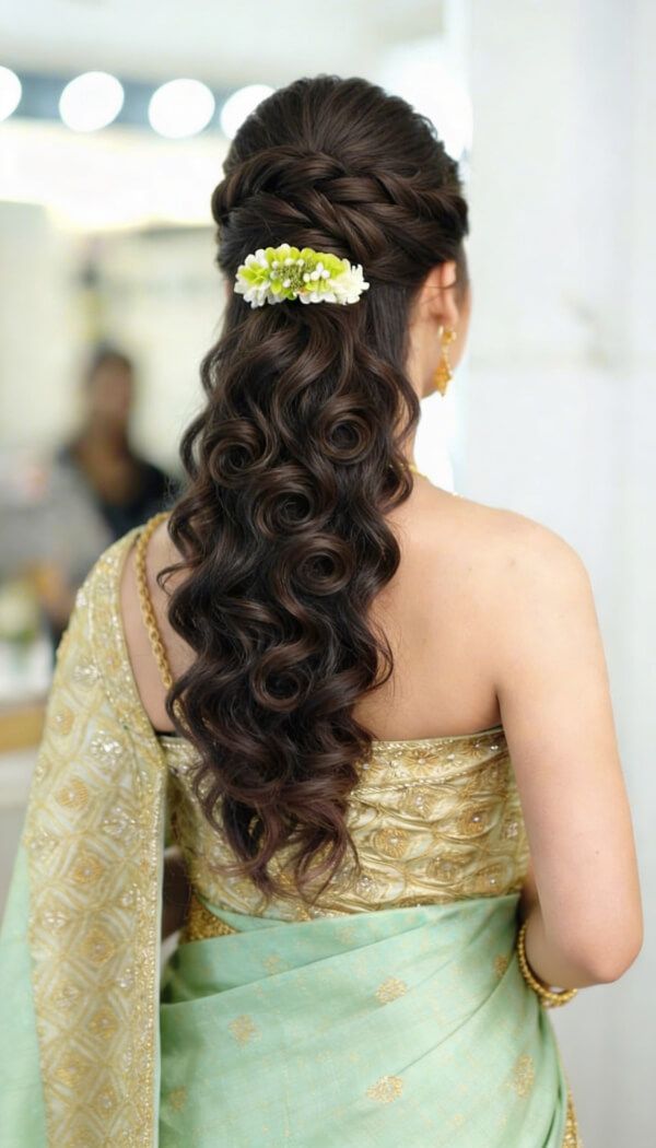 Half-up hairstyle with soft curls and green floral hair accessory