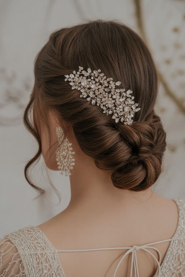 Elegant low bun hairstyle with crystal hair clip for bridal look