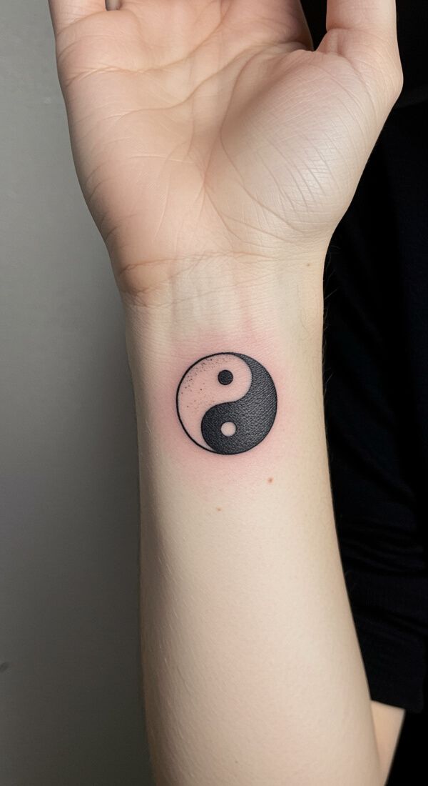 Yin Yang symbol tattoo on inner wrist