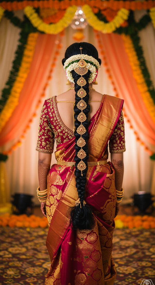 South Indian bride with long braid decorated with jasmine flowers and gold ornaments.
