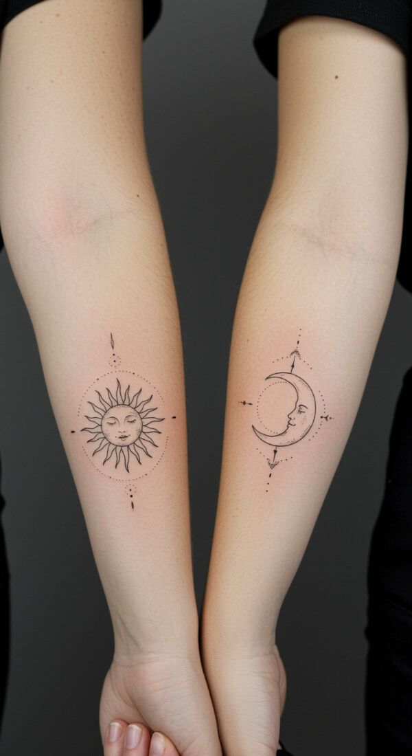 matching sun and moon minimalist tattoos on forearms
