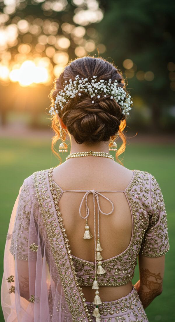 Bridal low bun hairstyle with baby breath flowers and pastel lehenga