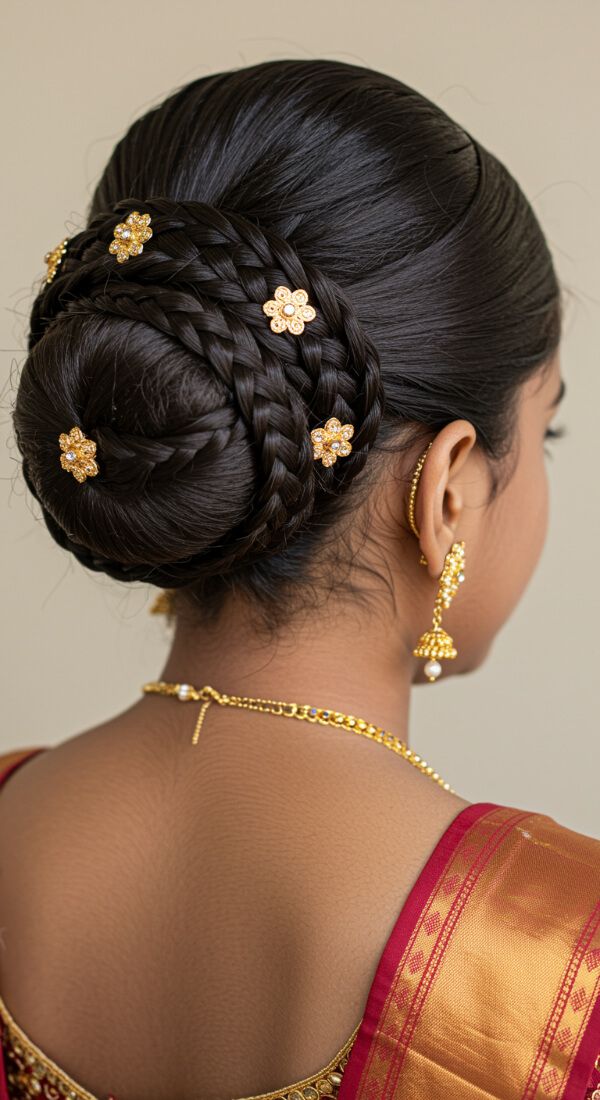 Braided bun hairstyle with decorative gold floral pins for Indian wedding.