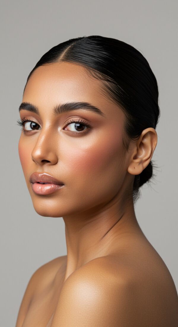 Woman with bronzed glow makeup, sculpted contour, glossy lips, and sleek hairstyle.