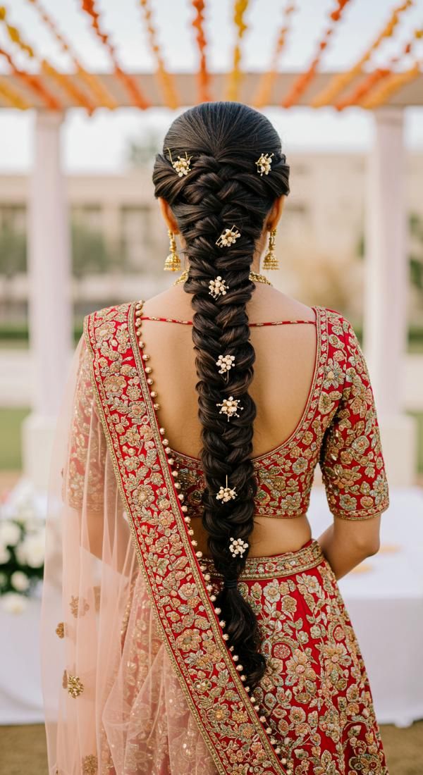Long bridal braid with floral hair accessories