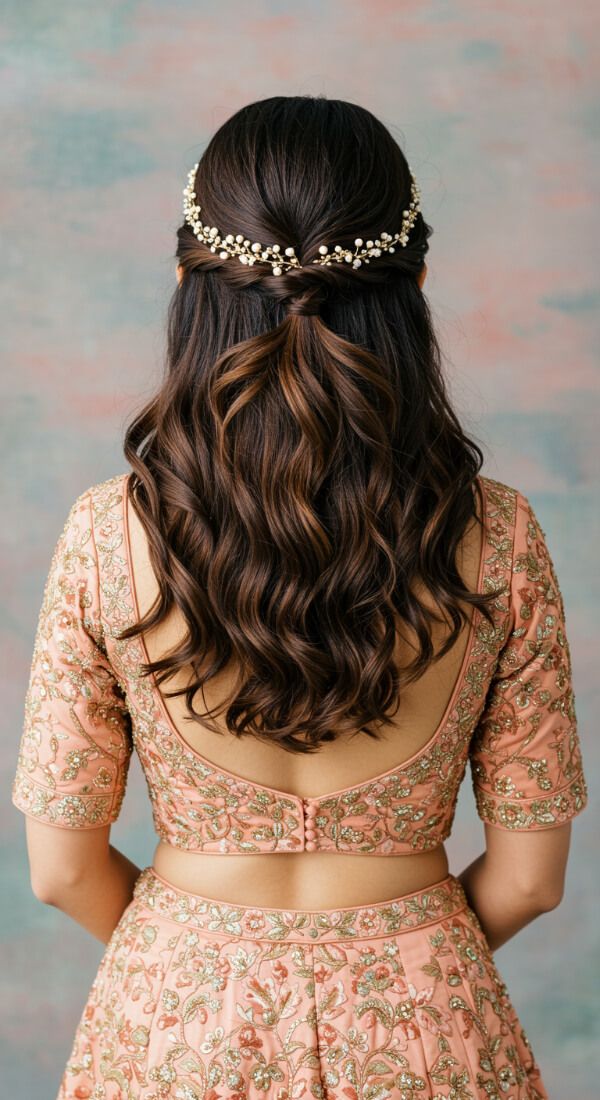 Half up wavy bridal hairstyle with pearl hair accessory