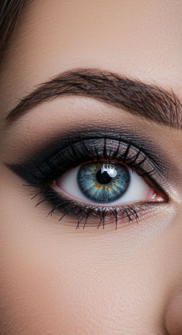 Classic black smokey eye makeup with blended shadow and defined lashes.