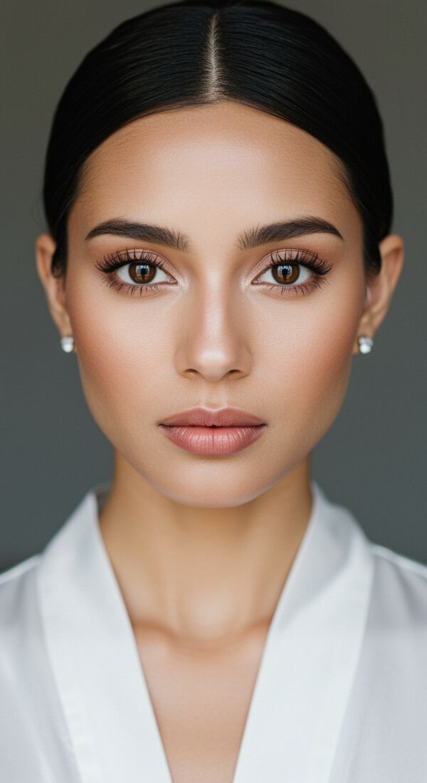 Woman with flawless minimal makeup, glowing skin, neutral eyeshadow, and natural pink lips.